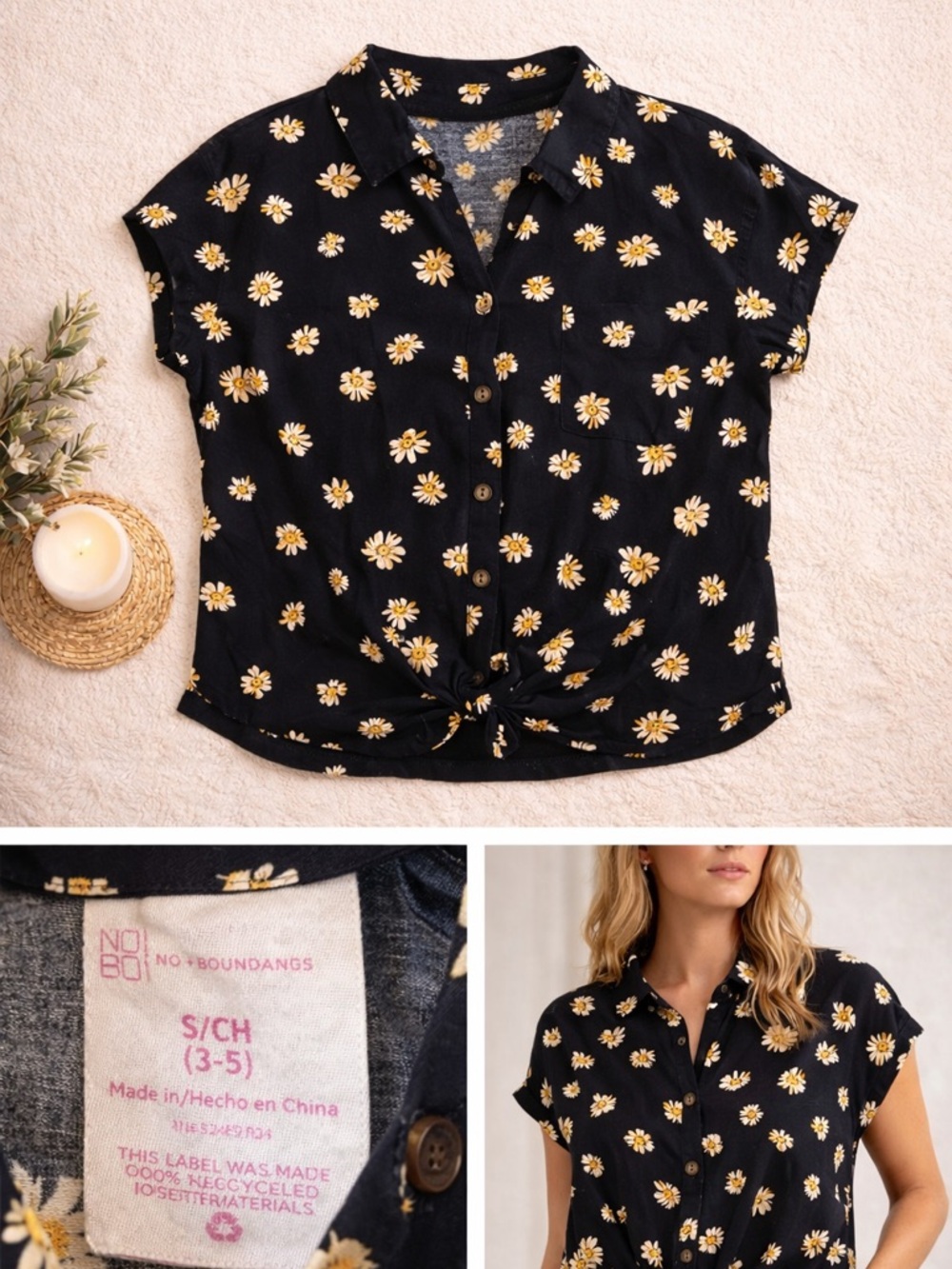 No Boundaries Black Daisy Button-Front Tie Hem Top